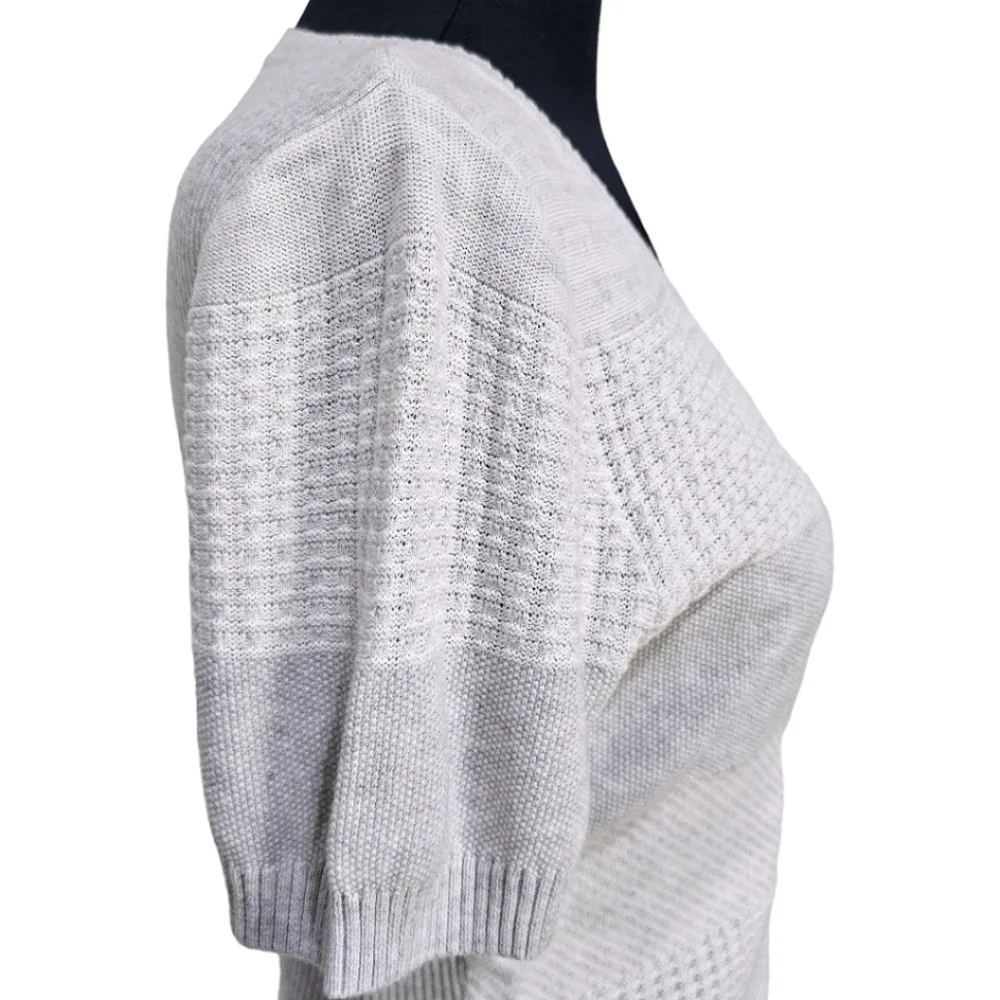 OST Cotton Pointelle Knit Gray White Short Sleeve Split Hem Light Boho Sweater